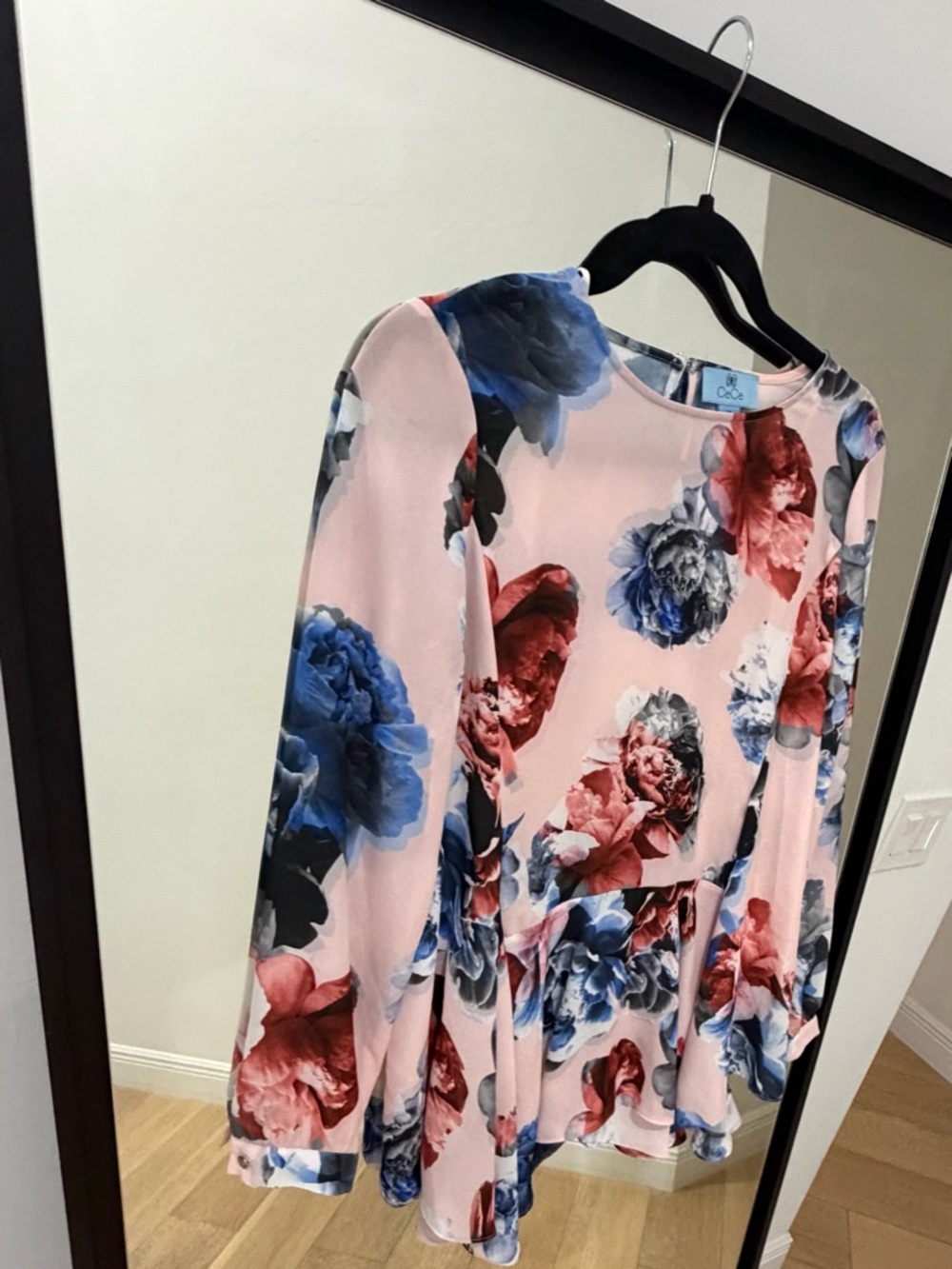 CeCe Floral Peplum Blouse XS Pink Blue Long Sleeve Sheer Dressy Top